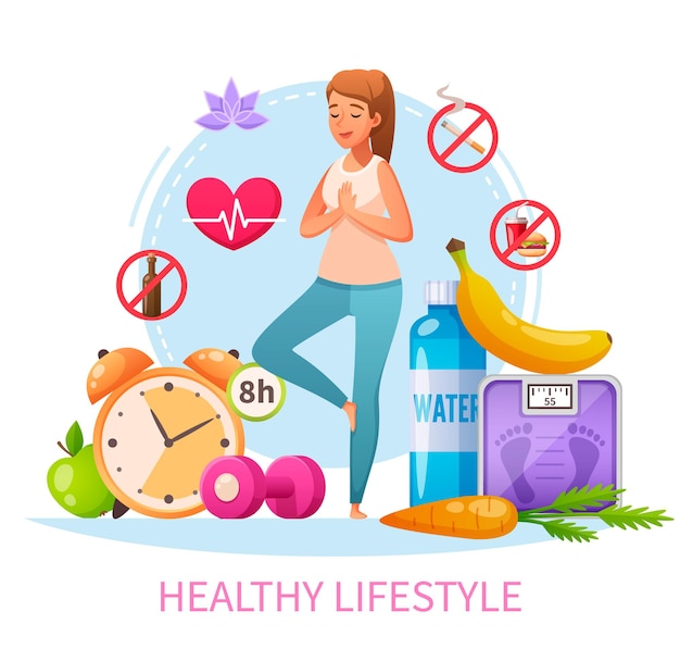Composição de desenhos animados para hábitos de estilo de vida saudáveis com ioga para mulheres não fumantes, prática de alívio de estresse, dieta para dormir 8h