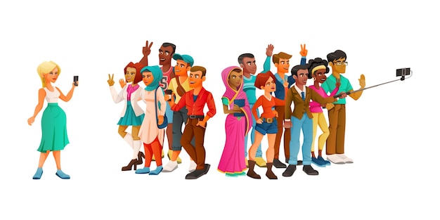 Vetor grátis composição de diversidade de personagens de desenhos animados com grupos de pessoas acenando com as mãos tirando fotos junto com ilustração vetorial de bastão de selfie