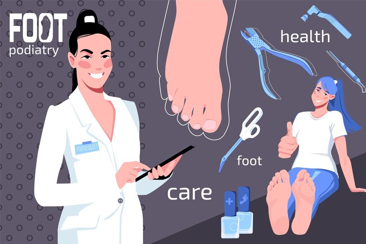 Vetor grátis composição de doença do pé de podologia com colagem de caracteres humanos de rabiscos planos com ferramentas médicas e ilustração vetorial de texto
