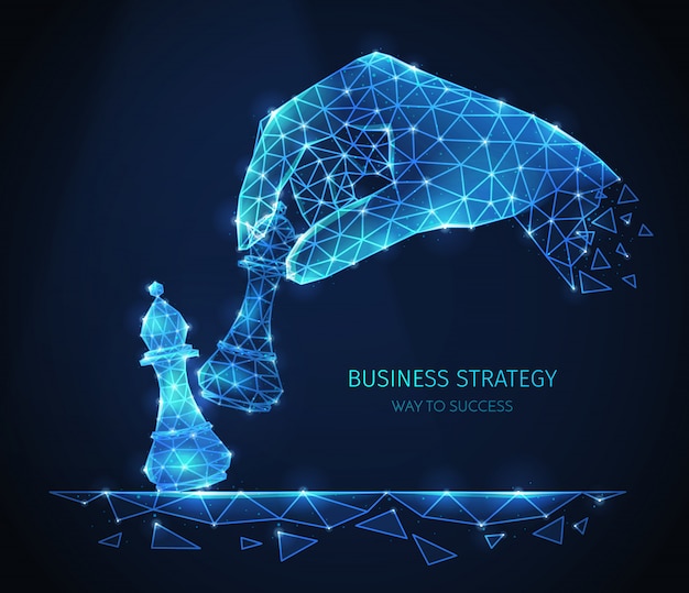 Composição de estratégia de negócios de estrutura de arame poligonal com imagens brilhantes de mão humana com peças de xadrez com texto