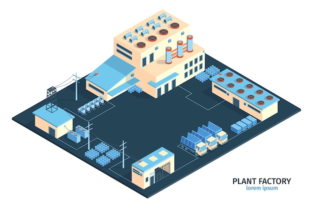 Composição de fábrica de planta industrial isométrica com texto editável e variedade de edifícios de planta com ilustração de caminhões de carga,