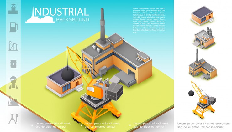 Vetor grátis composição de fabricação industrial isométrica com ícones de indústria de armazém e óleo de guindaste de construção de planta