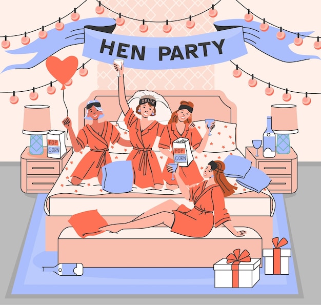 Composição de festa de despedida de solteira com cenário interior de casa e amigas festivas tendo ilustração vetorial de festa do pijama