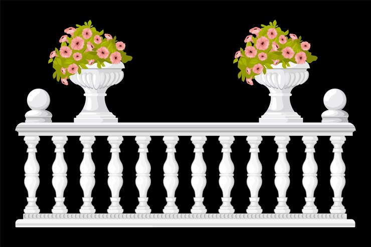 Vetor grátis composição de flores de vaso de balaústres com visão isolada da cerca de estilo medieval com potes em ilustração vetorial de fundo preto