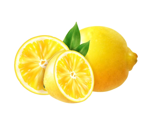 Composição de frutas realista com imagens de frutas de limão inteiras e fatiadas na ilustração vetorial de fundo em branco