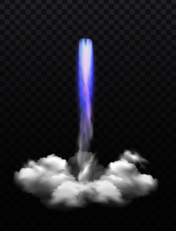 Composição de fumaça de chama de foguete espacial com explosão de fogo azul violeta realista em transparente
