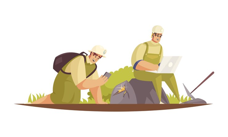 Vetor grátis composição de geólogos com dois geólogos do sexo masculino descansando ao ar livre com ilustração vetorial de laptop e smartphone