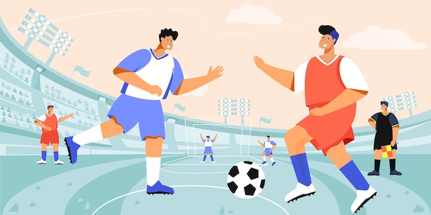 Composição de jogadores de estádio de futebol com paisagem de arena de futebol ao ar livre e personagens de doodle de times em jogo