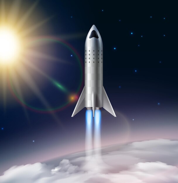 Composição de lançamento de foguete realista com vista da estratosfera com estrelas do sol e imagem futurista de foguete voador