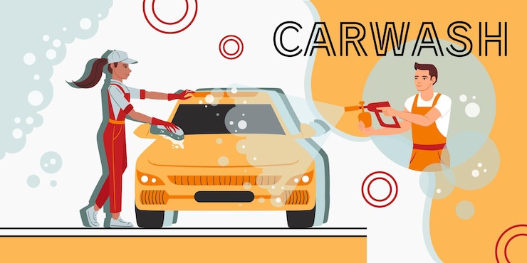 Vetor grátis composição de lavagem de carros com colagem de ícones planos caracteres de texto ornamentados de trabalhadores com ilustração vetorial de detergentes de limpeza