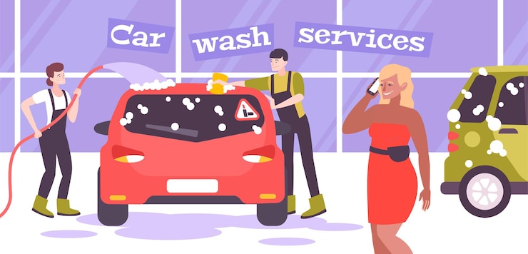 Vetor grátis composição de lavagem de carros com texto e cenário interno com personagens planos de motoristas de lavadores de automóveis e ilustração de carros