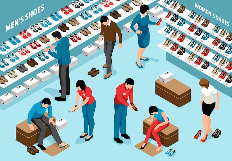 Vetor grátis composição de loja de sapatos isométricos com vista interna de prateleiras com botas e personagens humanos, ilustração vetorial de mercadorias