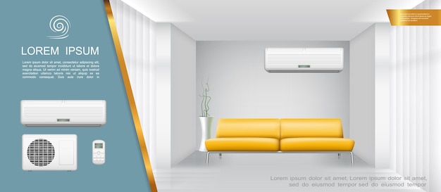 Vetor grátis composição de luz interior de sala de estar com planta de casa de condicionador de ar de sofá amarelo em estilo realista