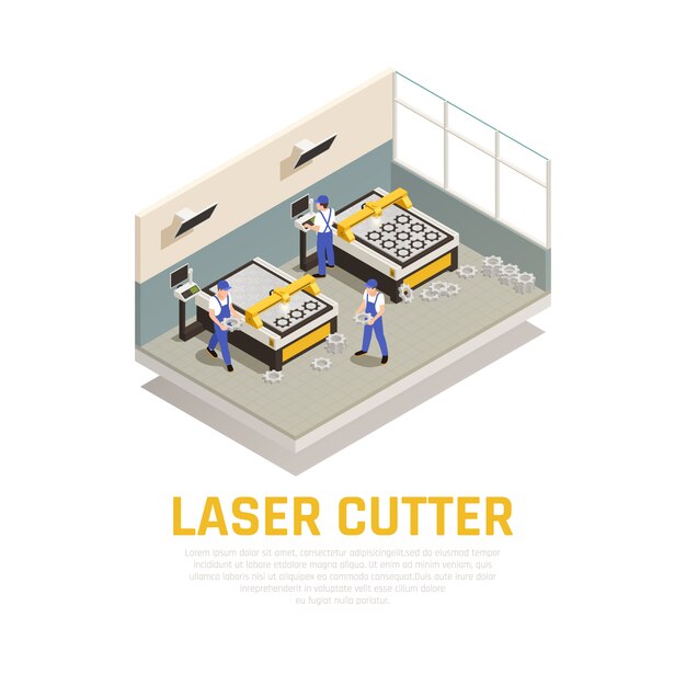 Composição de máquinas industriais com símbolos de cortador a laser isométrica