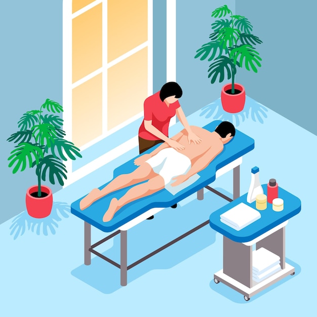Vetor grátis composição de massagem isométrica com vista interna da mesa de massagem e lubrificantes com massagista e ilustração vetorial do paciente