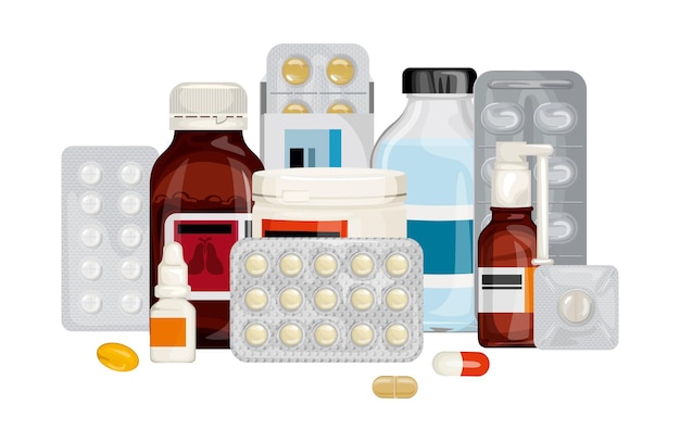Composição de medicamentos de saúde com imagens de comprimidos em bolhas e frascos de cápsulas de gotas e xaropes ilustração vetorial