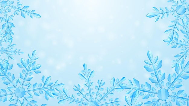 Composição de natal de grandes flocos de neve transparentes complexos em cores azuis claras em fundo gradiente. transparência apenas em formato vetorial