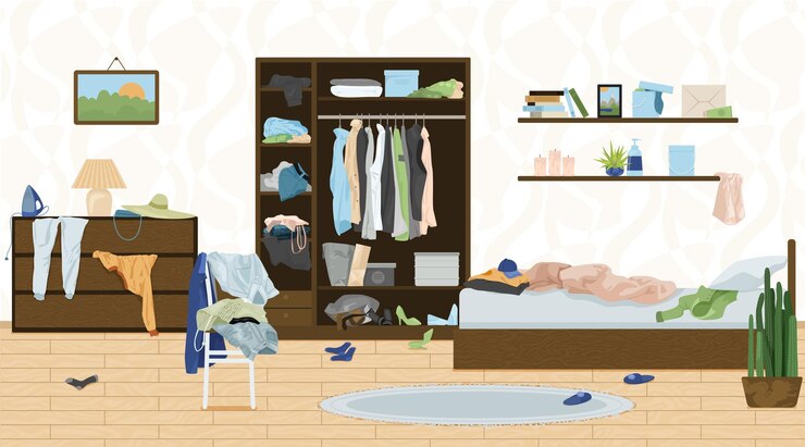 Vetor grátis composição de objetos de quarto bagunçado com vista interna plana da sala de estar com roupas de lixo e ilustração vetorial de linho