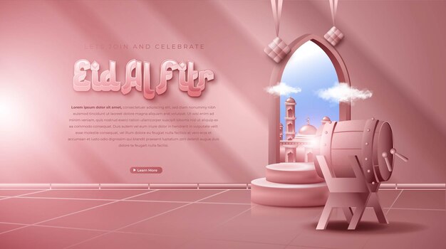 Composição de ornamento islâmica 3D realista para banner Eid Mubarak ou Eid Al Fitr