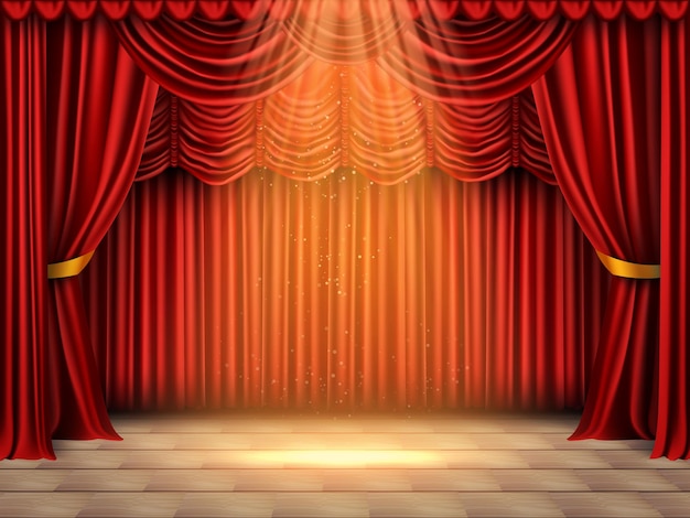 Vetor grátis composição de palco de cortinas realistas com vista frontal do palco teatral com ponto de luz e ilustração vetorial de pano de fundo