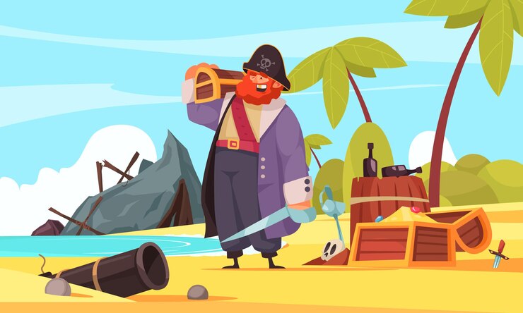 Vetor grátis composição de pirata com personagem humano de desenho animado de paisagem de ilha com garrafas de rum de baú de tesouro e destroços de navios