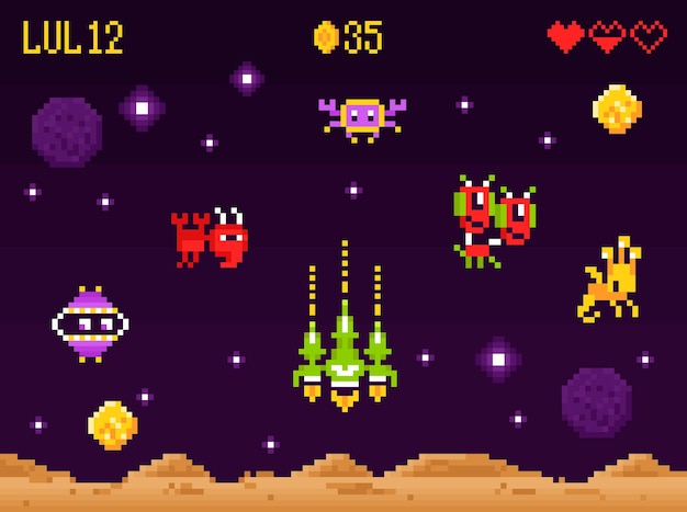 Vetor grátis composição de pixel art de interface de jogo de computador de arcade com tela de atirador espacial retro alienígenas e nave espacial de combate