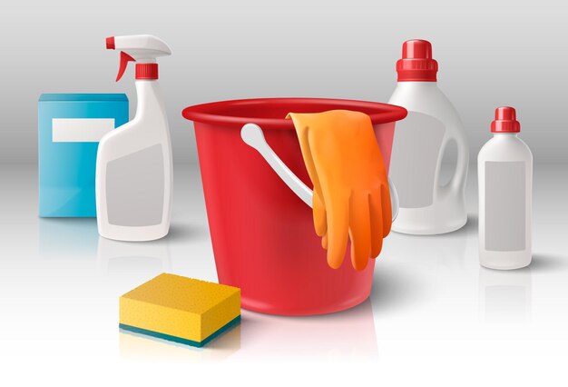 Composição de produtos de limpeza doméstica com garrafas de detergente realistas e ilustração vetorial de balde de plástico