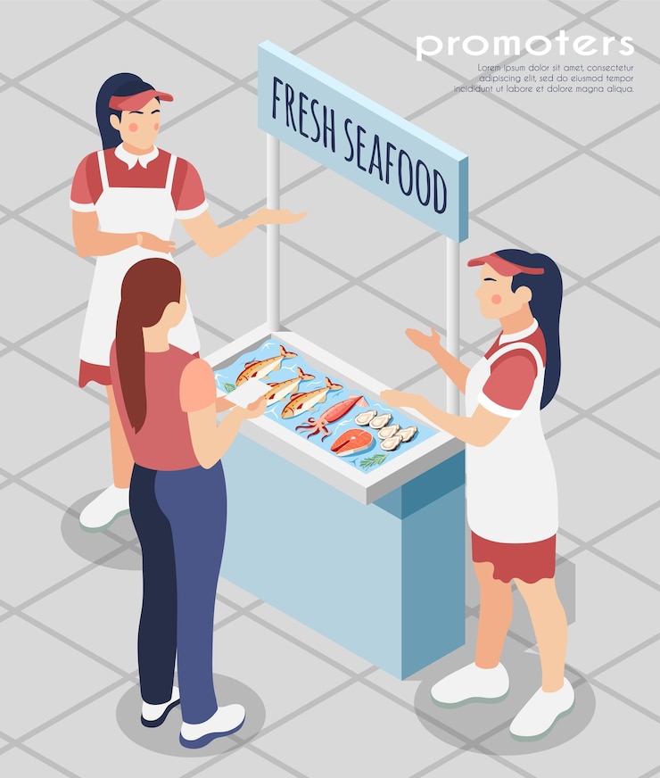 Vetor grátis composição de promotores com funcionários da loja em pé perto da mesa promocional com frutos do mar frescos para engajamento do cliente