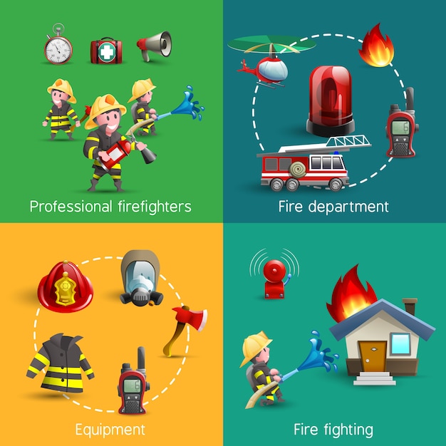 Vetor grátis composição de quadrados de bombeiros 4 ícones