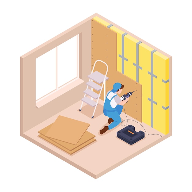 Composição de reparos isométricos com vista da sala de estar com personagem de reparador renovando ilustração vetorial de parede