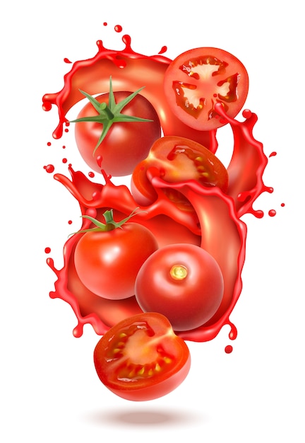 Composição de respingo de suco de tomate realista com fatias e frutos inteiros de tomate com salpicos de suco líquido