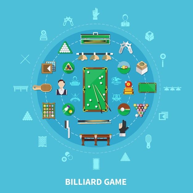 Composição de rodada de bilhar em fundo azul com jogador, equipamentos esportivos, emblemas de jogos, acessórios de limpeza