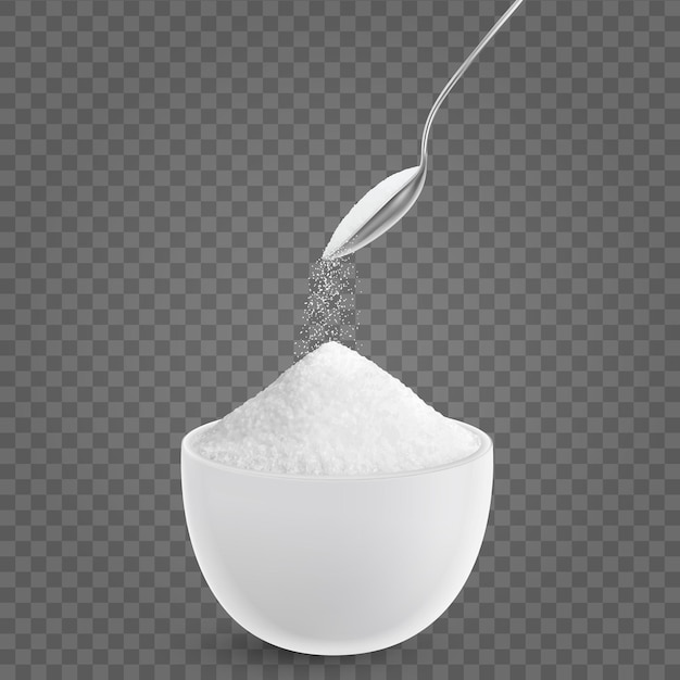 Vetor grátis composição de sal realista com colher derramando pó no prato com partículas de sal detalhadas na ilustração vetorial de fundo transparente