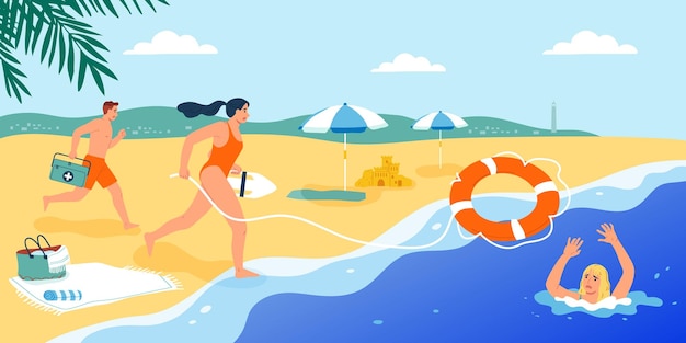 Composição de salva-vidas com personagens doodle de homem e mulher correndo na praia para resgatar a ilustração vetorial de pessoa que está afundando