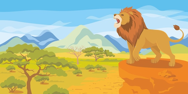 Vetor grátis composição de savana plana com leão rugindo na ilustração vetorial de penhasco de montanha