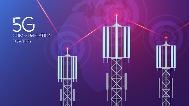 Vetor grátis composição de torres de comunicação 5g com fundo de lasers de ondas de rádio e texto com imagens de ilustração vetorial de torres de celular