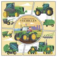 Vetor grátis composição de transporte agrícola plana com veículos agrícolas verdes e agricultor dirigindo trator com arado no campo