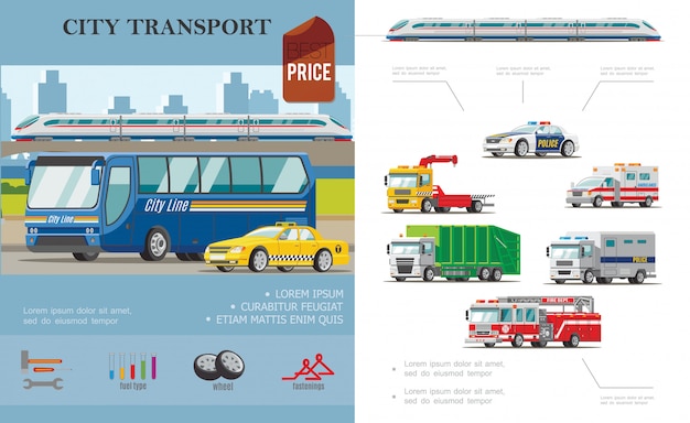 Composição de transporte cidade plana com carros de ambulância de táxi ônibus rebocar caminhões de fogo e lixo