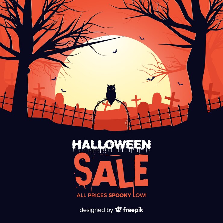 Vetor grátis composição de venda assustador halloween com design plano