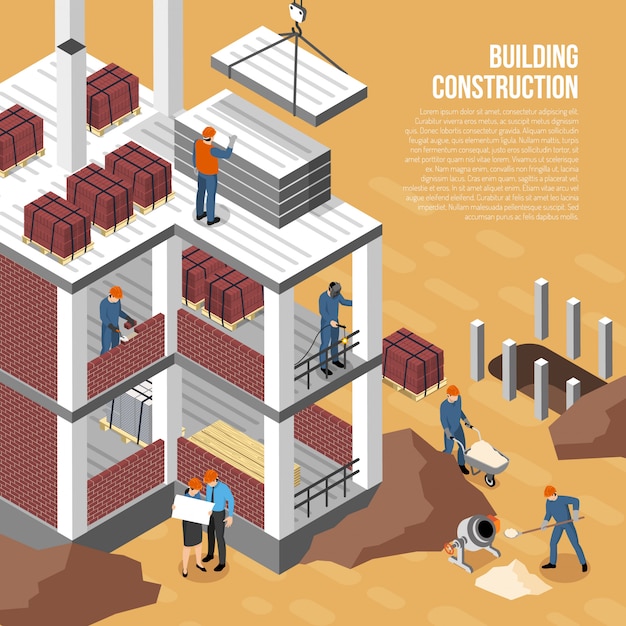 Composição do arquiteto construtor isométrico com imagens do edifício em caracteres humanos de construção e ilustração em vetor texto editável