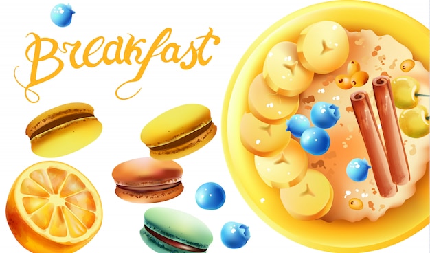Composição do café da manhã saudável com uma tigela de aveia, cerejas brancas, mirtilos, fatias de banana, paus de canela, macarons e limão