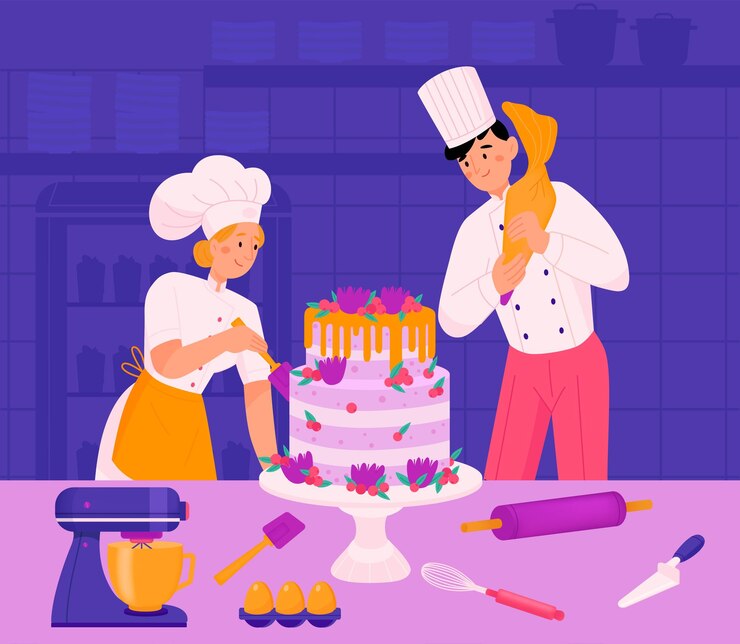 Vetor grátis composição do chef confeiteiro com personagens masculinos e femininos de cozinheiros que acabaram de preparar um grande bolo de casamento juntos ilustração do vetor