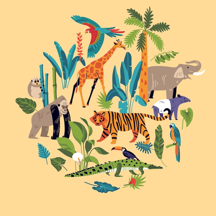 Vetor grátis composição do círculo da selva com imagens isoladas de folhas de plantas exóticas e flores com ilustração vetorial de pássaros de animais tropicais