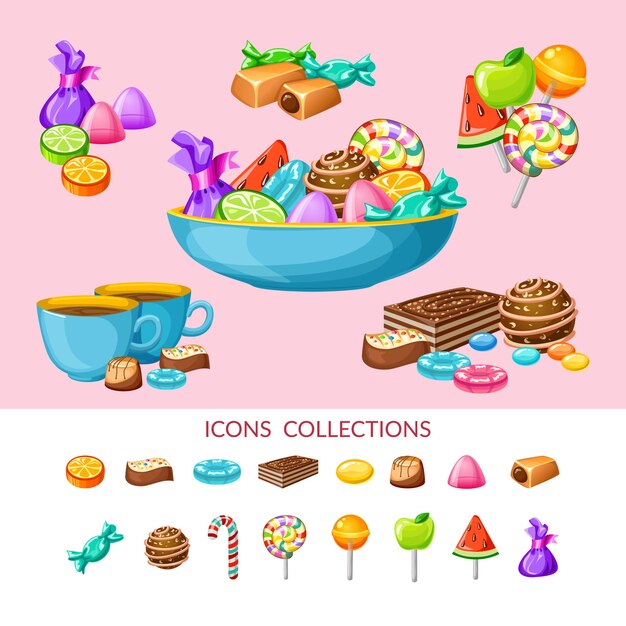 Composição do conjunto de ícones de doces doces