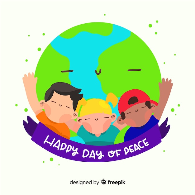 Vetor grátis composição do dia da paz com as crianças de mãos dadas ao redor do mundo