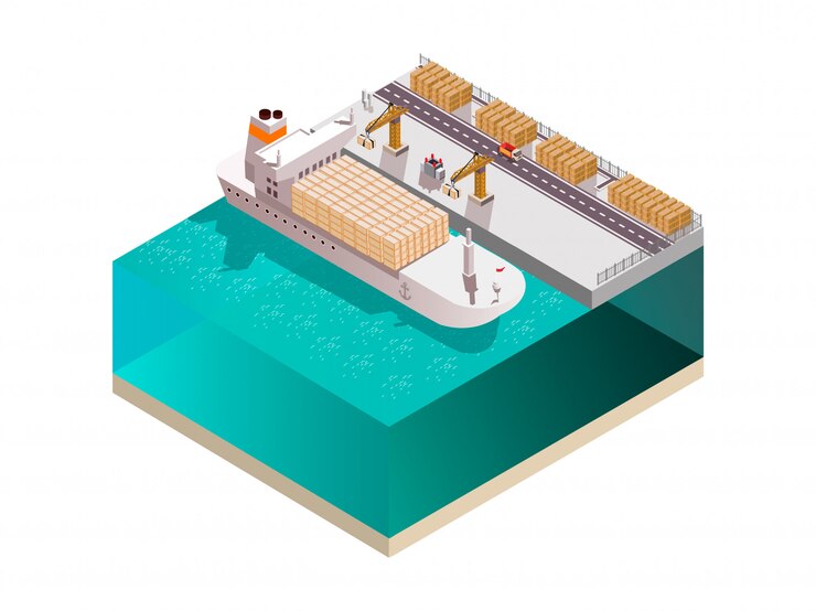 Vetor grátis composição do estaleiro com imagem isométrica de torres de guindaste terminal de carga marítima, carregando os contêineres para ilustração vetorial de navio de carga