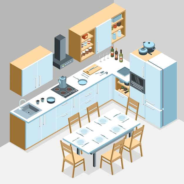 Composição do interior da cozinha isométrica com vista interna da cozinha moderna com armários de madeira e ilustração vetorial de mesa de jantar