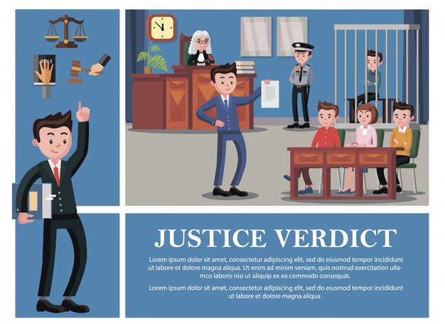 Composição do sistema judicial plana com advogado juiz júri réu policial mão na Bíblia livro martelo escalas