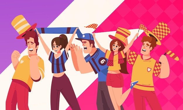 Composição dos desenhos animados dos fãs de esportes com pessoas felizes comemorando a ilustração vetorial da vitória da equipe