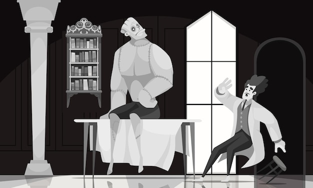 Composição em preto e branco de desenho animado com assustado dr victor frankenstein e seu monstro ganhando vida em ilustração vetorial de laboratório